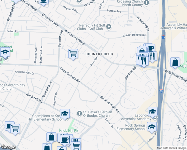 map of restaurants, bars, coffee shops, grocery stores, and more near 1233 Titan Court in Escondido