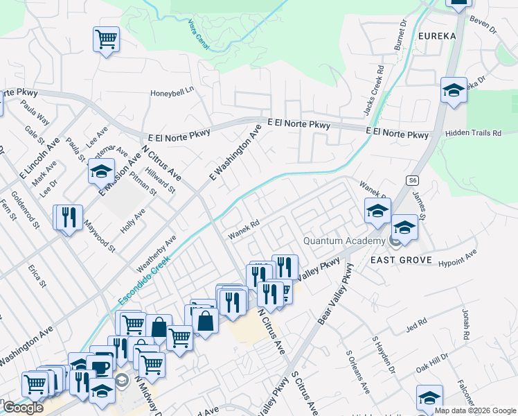 map of restaurants, bars, coffee shops, grocery stores, and more near 2522 Wanek Road in Escondido