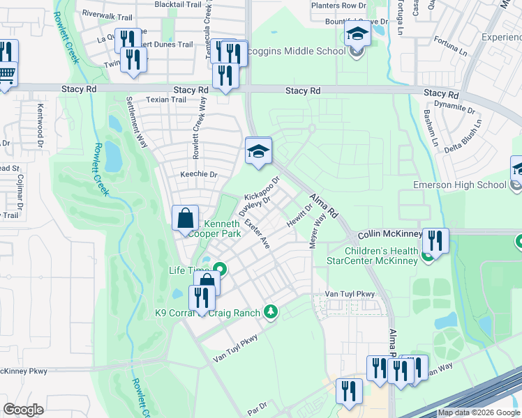 map of restaurants, bars, coffee shops, grocery stores, and more near 5913 Exeter Avenue in McKinney