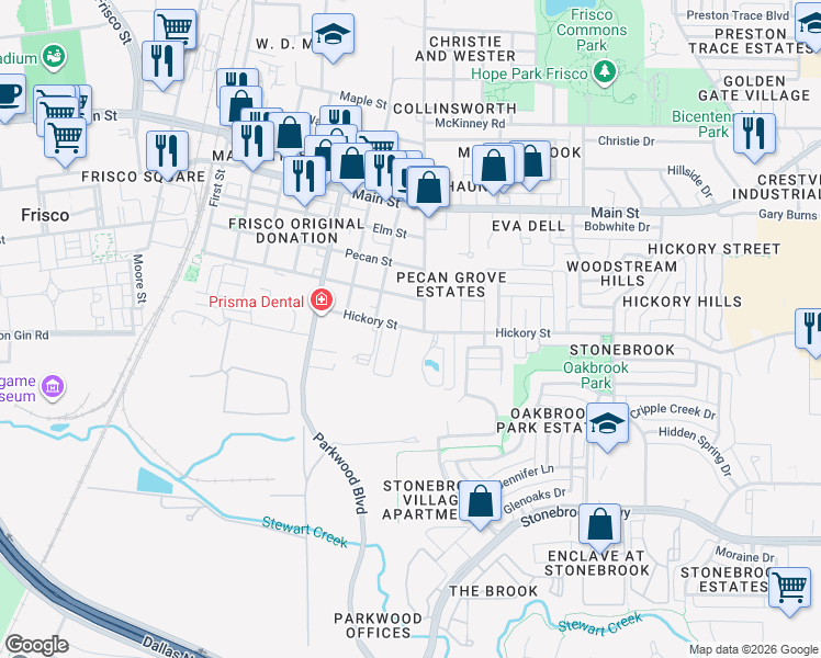 map of restaurants, bars, coffee shops, grocery stores, and more near 7300 Hickory Street in Frisco