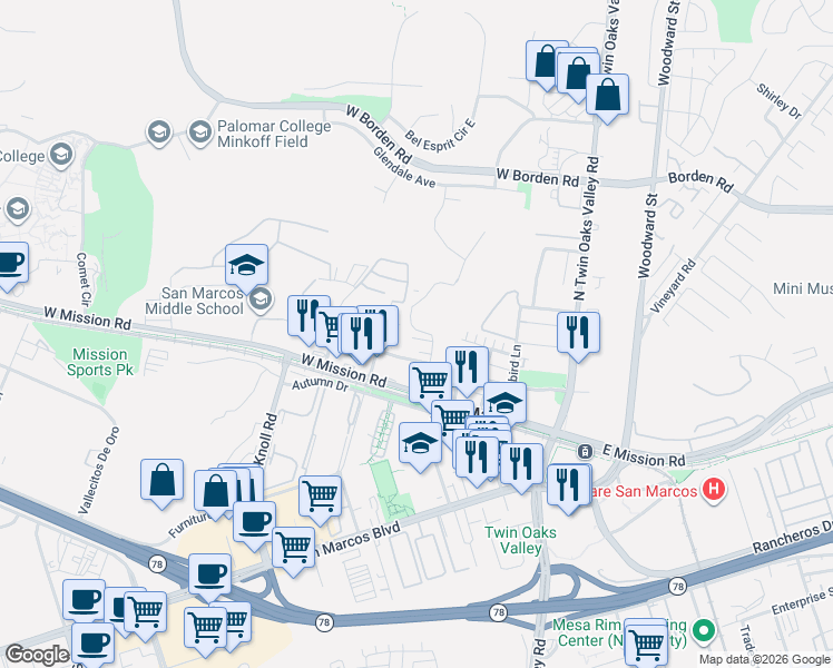 map of restaurants, bars, coffee shops, grocery stores, and more near 355 Fitzpatrick Road in San Marcos