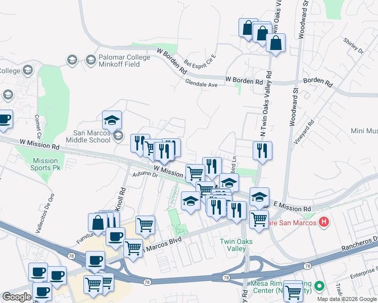 map of restaurants, bars, coffee shops, grocery stores, and more near 354 Fitzpatrick Road in San Marcos