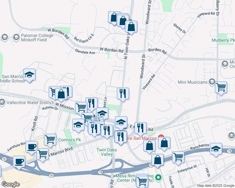 map of restaurants, bars, coffee shops, grocery stores, and more near 150 Gosnell Way in San Marcos