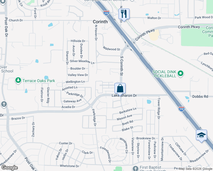 map of restaurants, bars, coffee shops, grocery stores, and more near Victoria Lane in Corinth