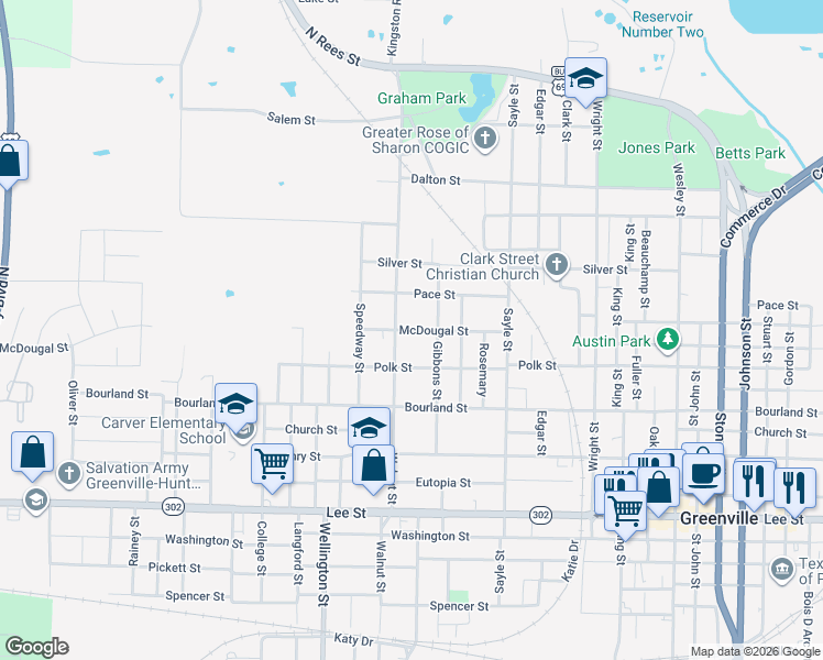 map of restaurants, bars, coffee shops, grocery stores, and more near 3803 McDougal Street in Greenville