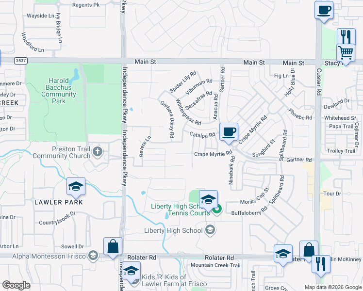 map of restaurants, bars, coffee shops, grocery stores, and more near 15074 Crape Myrtle Road in Frisco