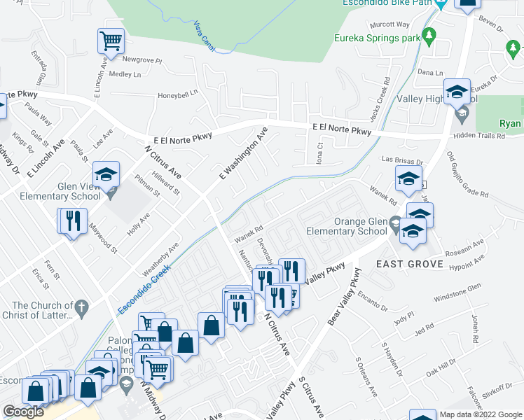 map of restaurants, bars, coffee shops, grocery stores, and more near 2522 White Oak Place in Escondido