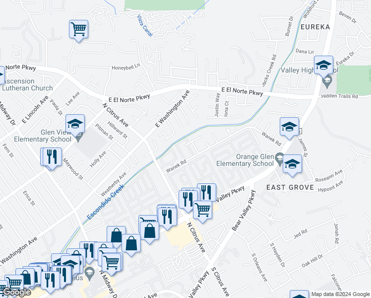 map of restaurants, bars, coffee shops, grocery stores, and more near 2508 Wanek Road in Escondido