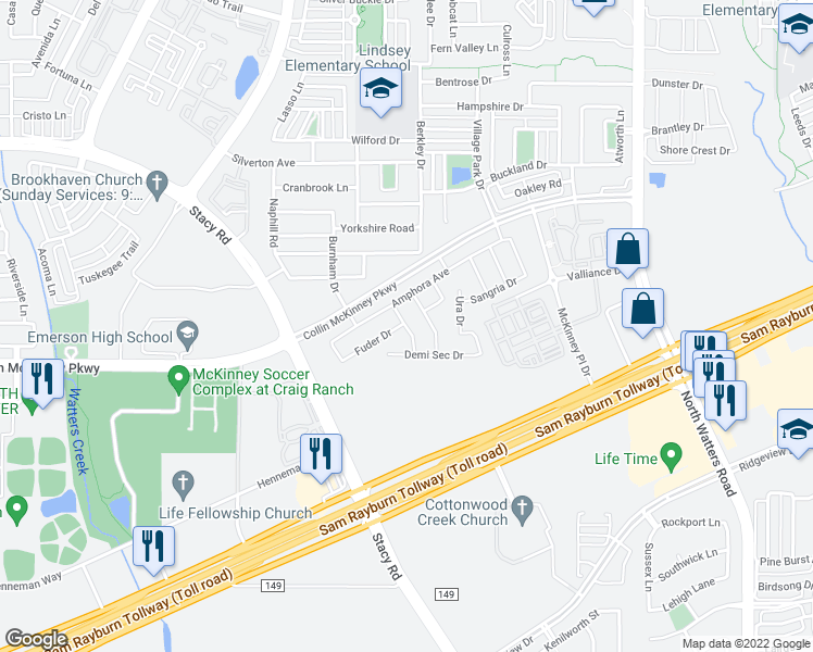 map of restaurants, bars, coffee shops, grocery stores, and more near Bottiglia Way in McKinney