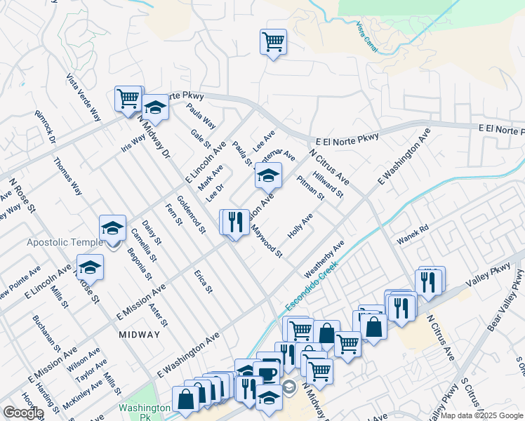 map of restaurants, bars, coffee shops, grocery stores, and more near 2141 East Mission Avenue in Escondido