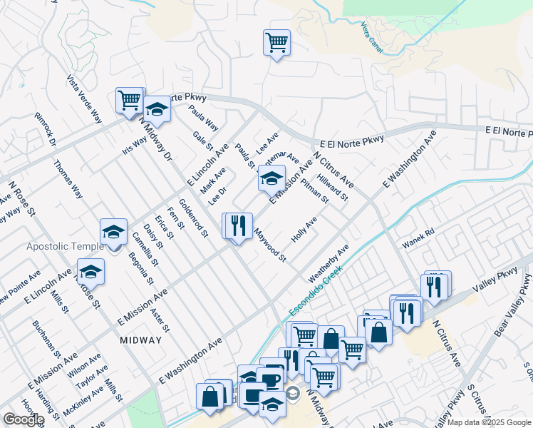 map of restaurants, bars, coffee shops, grocery stores, and more near 2141 East Mission Avenue in Escondido
