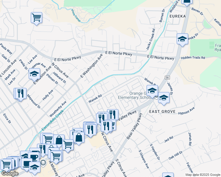 map of restaurants, bars, coffee shops, grocery stores, and more near 2522 Wanek Road in Escondido