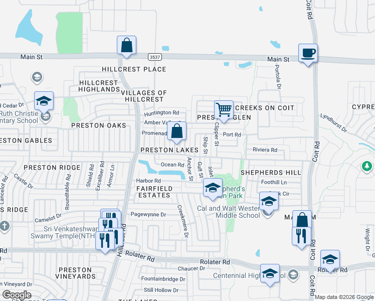 map of restaurants, bars, coffee shops, grocery stores, and more near 11509 Canoe Road in Frisco