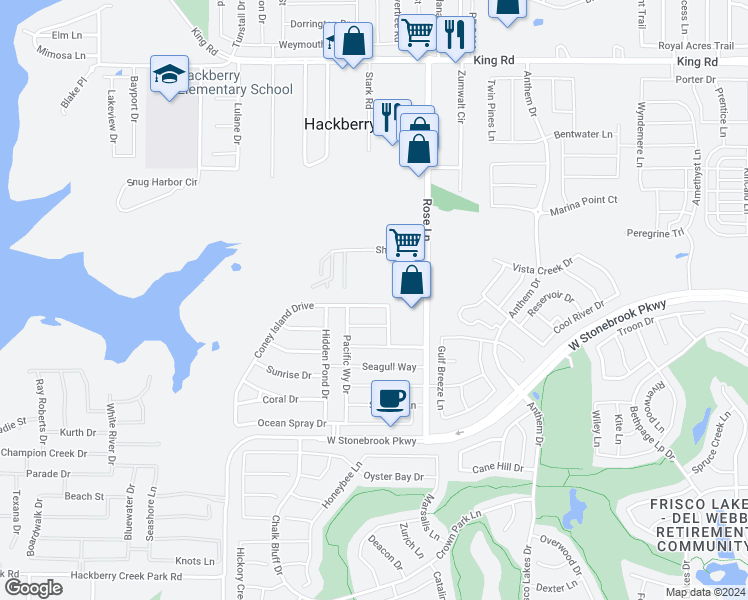 map of restaurants, bars, coffee shops, grocery stores, and more near 4216 Coney Island Drive in Frisco