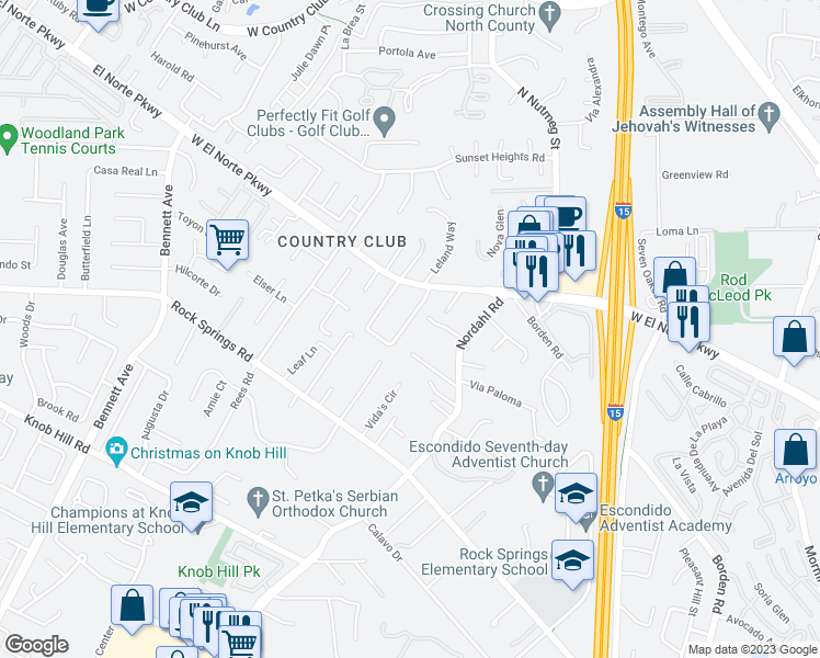 map of restaurants, bars, coffee shops, grocery stores, and more near 1145 Rachel Circle in Escondido