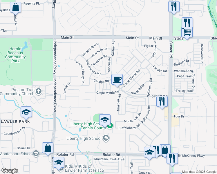 map of restaurants, bars, coffee shops, grocery stores, and more near 15312 Crape Myrtle Road in Frisco