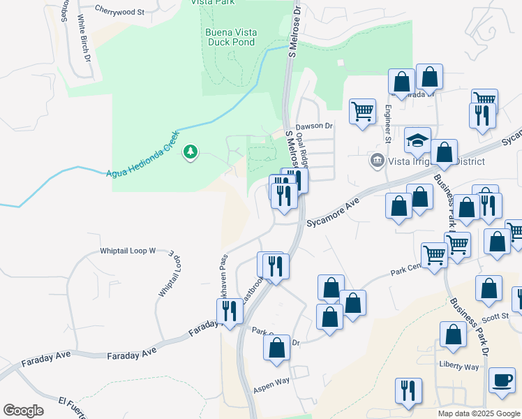 map of restaurants, bars, coffee shops, grocery stores, and more near 1685 Mountain Pass Circle in Vista