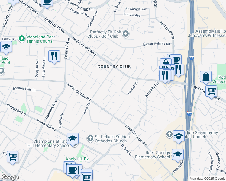 map of restaurants, bars, coffee shops, grocery stores, and more near 1209 Titan Court in Escondido
