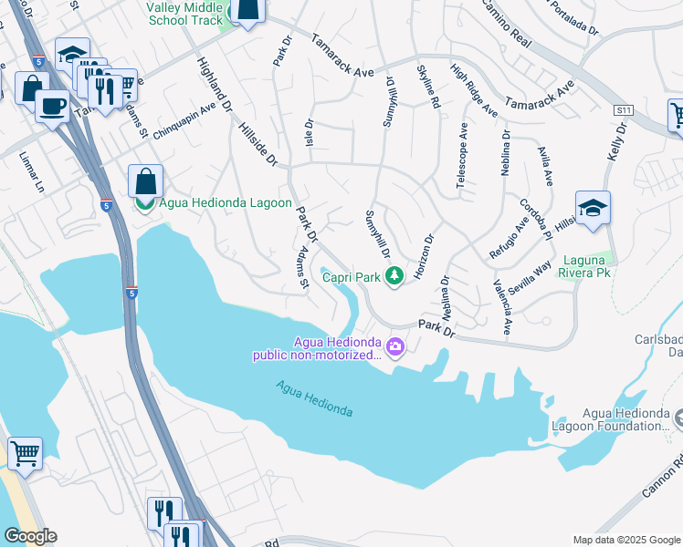 map of restaurants, bars, coffee shops, grocery stores, and more near 4627 Park Drive in Carlsbad