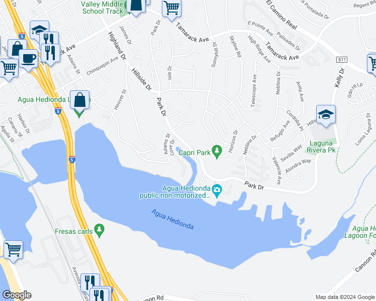 map of restaurants, bars, coffee shops, grocery stores, and more near 4627 Park Drive in Carlsbad