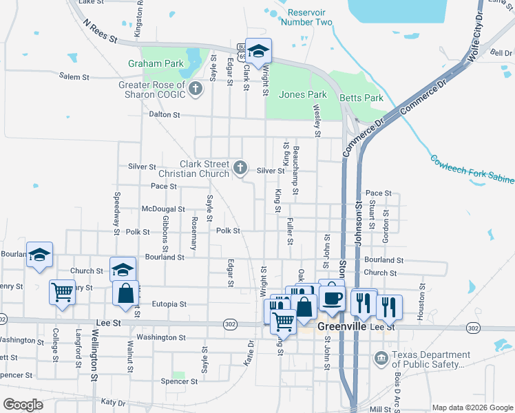 map of restaurants, bars, coffee shops, grocery stores, and more near 1707 Clark Street in Greenville