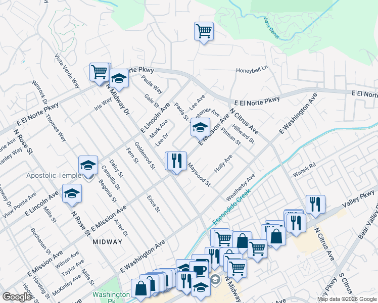 map of restaurants, bars, coffee shops, grocery stores, and more near 2062 East Mission Avenue in Escondido