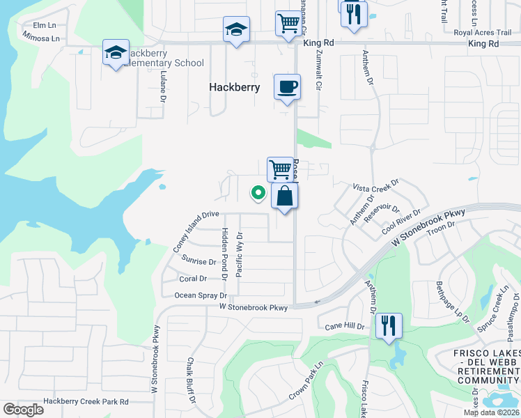 map of restaurants, bars, coffee shops, grocery stores, and more near 4217 Coney Island Drive in Frisco