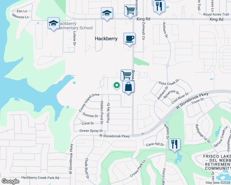 map of restaurants, bars, coffee shops, grocery stores, and more near 4217 Coney Island Drive in Frisco