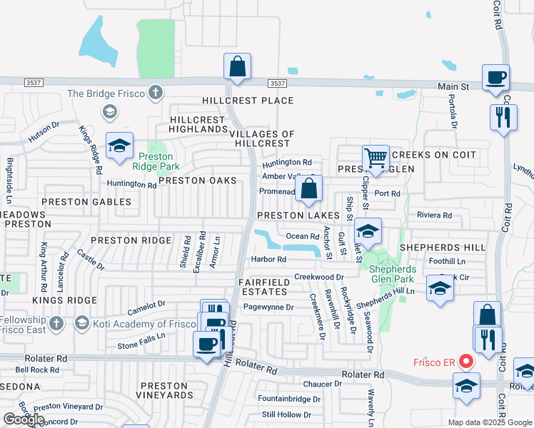 map of restaurants, bars, coffee shops, grocery stores, and more near 11209 Canoe Road in Frisco