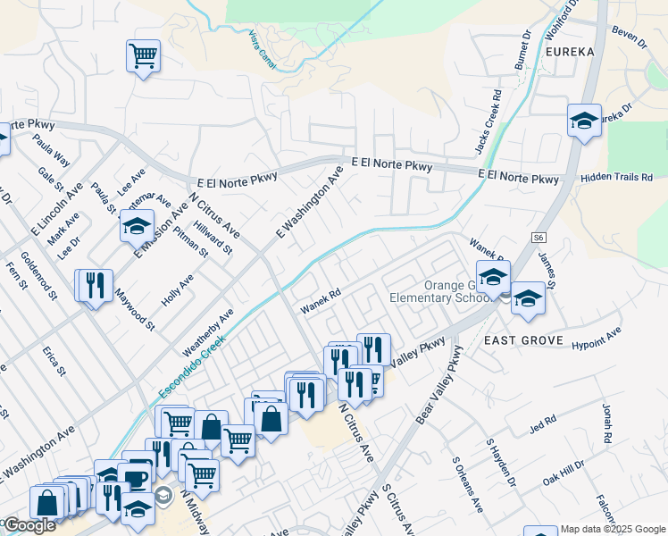 map of restaurants, bars, coffee shops, grocery stores, and more near 2415 Turnbridge Glen in Escondido
