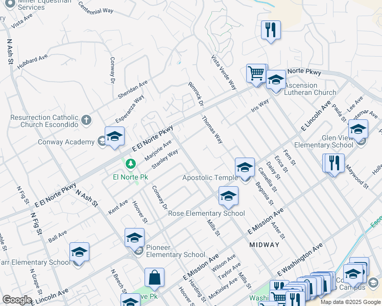 map of restaurants, bars, coffee shops, grocery stores, and more near 1132 North Rose Street in Escondido