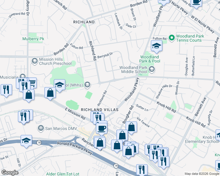 map of restaurants, bars, coffee shops, grocery stores, and more near 405 Richland Road in San Marcos