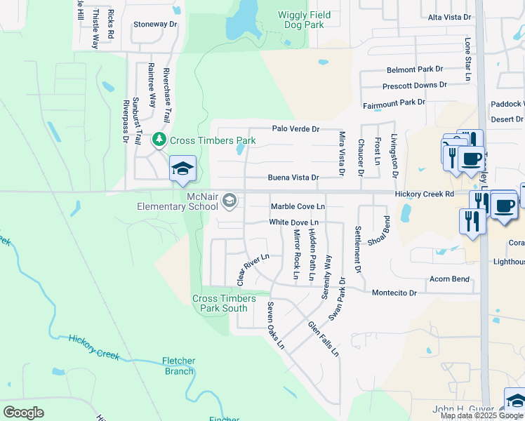 map of restaurants, bars, coffee shops, grocery stores, and more near 1316 Marble Cove Lane in Denton