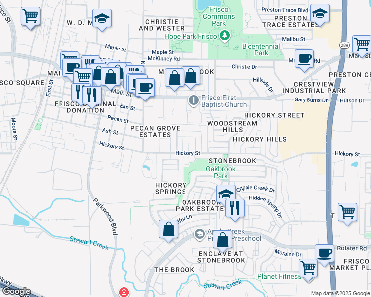 map of restaurants, bars, coffee shops, grocery stores, and more near 3600 Acorn Lane in Frisco