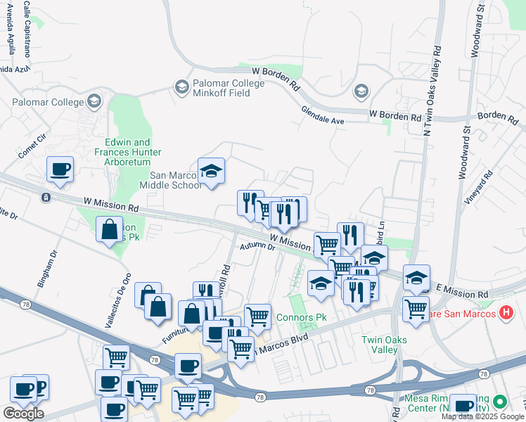 map of restaurants, bars, coffee shops, grocery stores, and more near 532 Richmar Avenue in San Marcos