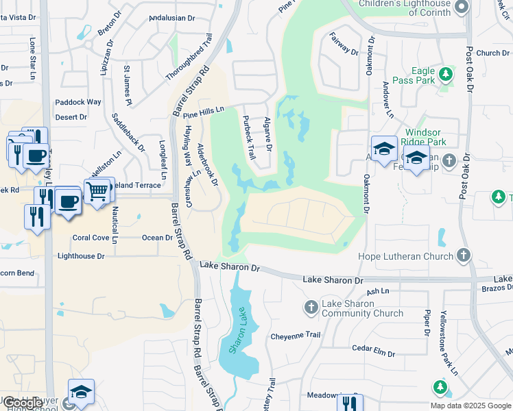 map of restaurants, bars, coffee shops, grocery stores, and more near 1001 Ballycastle Lane in Corinth