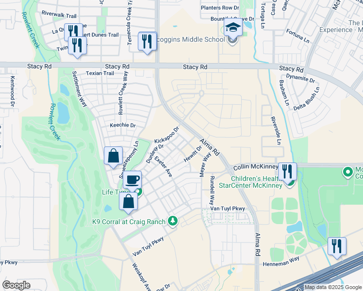 map of restaurants, bars, coffee shops, grocery stores, and more near 7205 Avondale Drive in McKinney