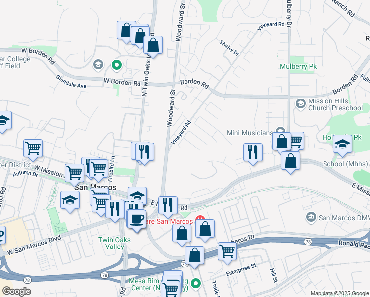 map of restaurants, bars, coffee shops, grocery stores, and more near 316 Winters Court in San Marcos