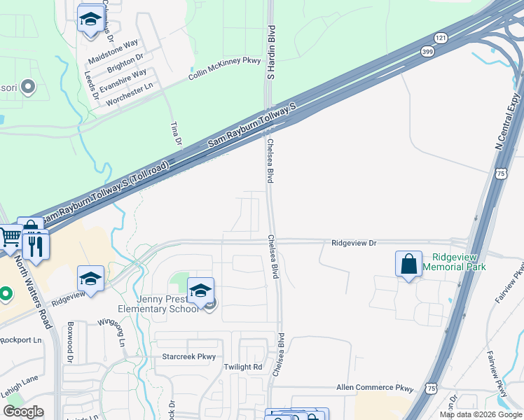 map of restaurants, bars, coffee shops, grocery stores, and more near 2544 Campden Mews in Allen