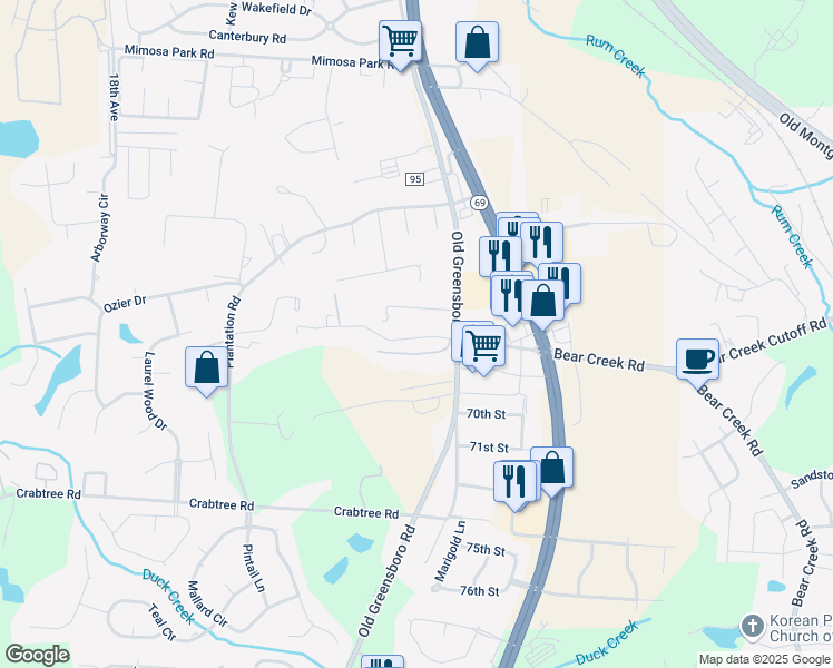 map of restaurants, bars, coffee shops, grocery stores, and more near 6802 Old Greensboro Road in Tuscaloosa