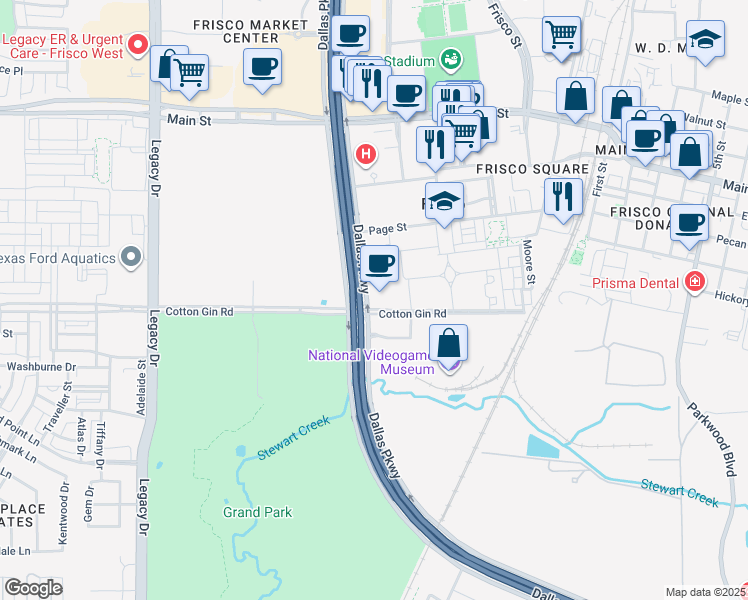 map of restaurants, bars, coffee shops, grocery stores, and more near 8130 Dallas Parkway in Frisco