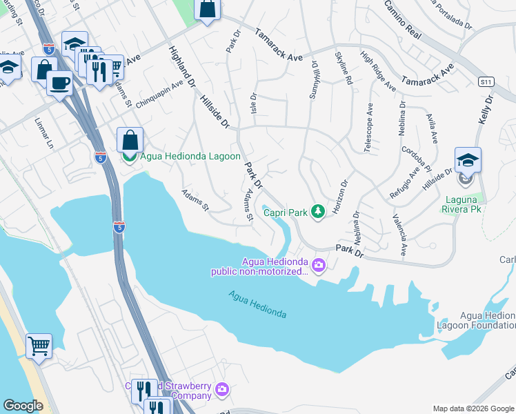 map of restaurants, bars, coffee shops, grocery stores, and more near 4520 Adams Street in Carlsbad