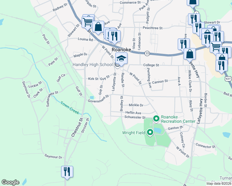 map of restaurants, bars, coffee shops, grocery stores, and more near 212 Government Street in Roanoke