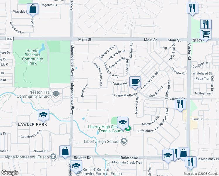 map of restaurants, bars, coffee shops, grocery stores, and more near 15074 Crape Myrtle Road in Frisco
