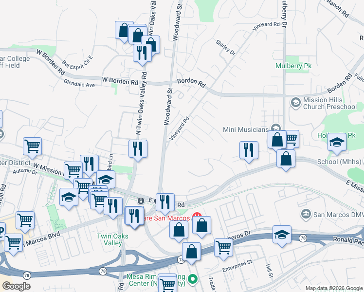 map of restaurants, bars, coffee shops, grocery stores, and more near 316 Winters Court in San Marcos