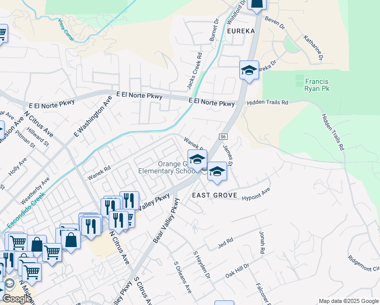 map of restaurants, bars, coffee shops, grocery stores, and more near 2855 Wanek Road in Escondido