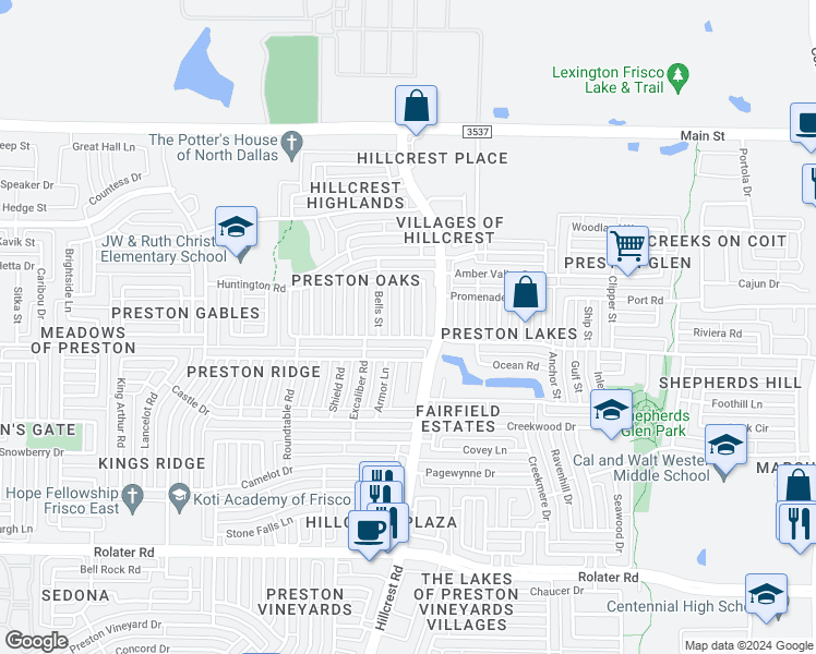 map of restaurants, bars, coffee shops, grocery stores, and more near 8104 Steamers Lane in Frisco