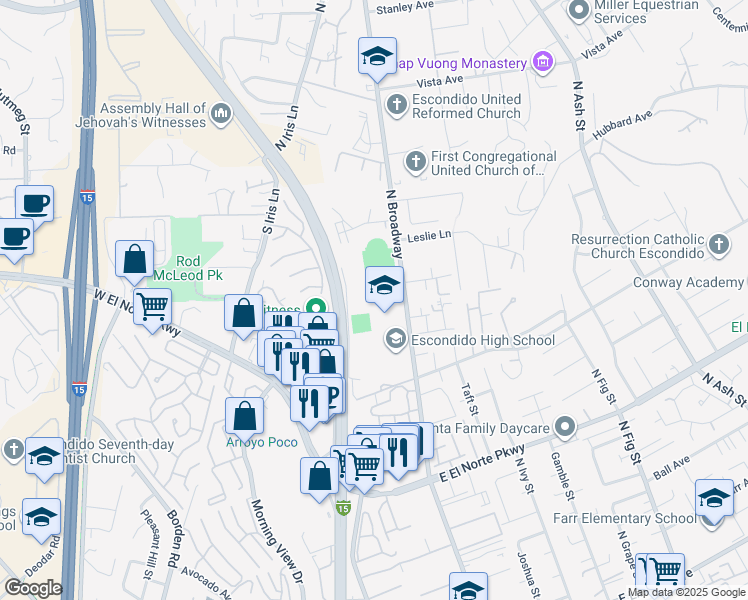 map of restaurants, bars, coffee shops, grocery stores, and more near 1535 North Broadway in Escondido
