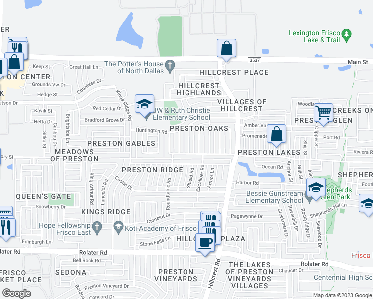 map of restaurants, bars, coffee shops, grocery stores, and more near 8105 Burleigh Street in Frisco