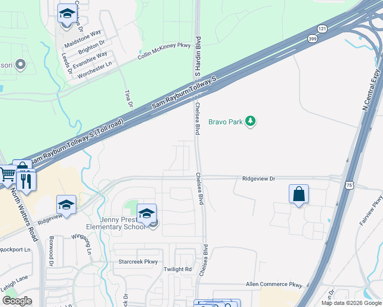 map of restaurants, bars, coffee shops, grocery stores, and more near 2521-2625 Chelsea Boulevard in Allen